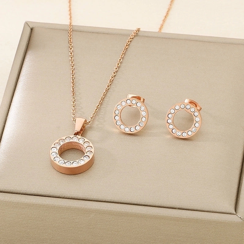 Minimalist Round 304 Stainless Steel Rhinestones 18K Gold Plated Plating Inlay Stainless Steel Jewelry Sets