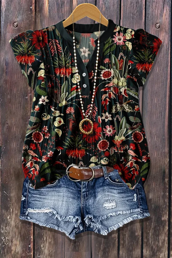 Chic Floral Print Flutter Sleeve Ribbed Top