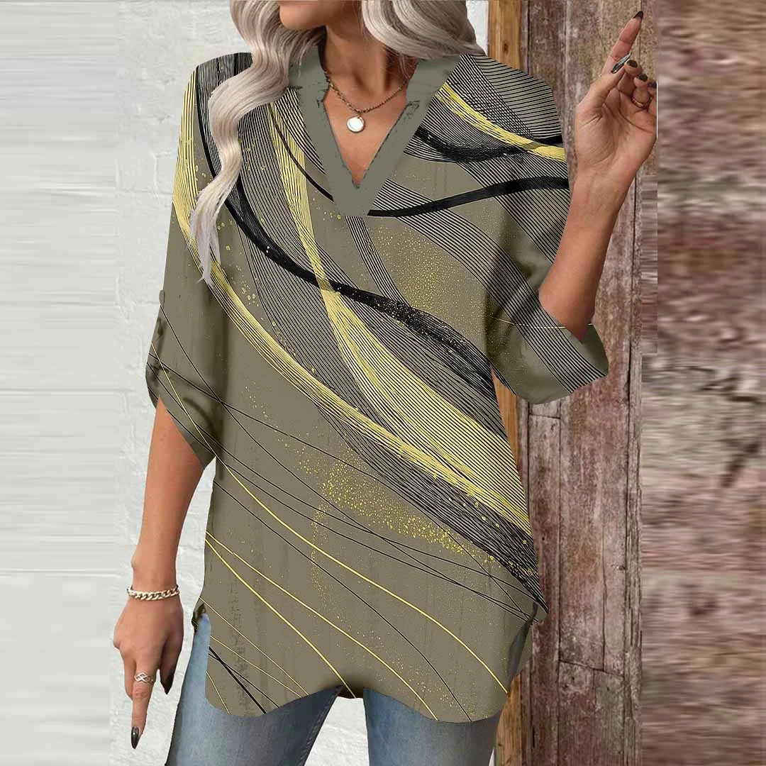 Women Texture, Gold, Black DZGA0701 3/4 Sleeve V-neck Printed Graphic Button Tops