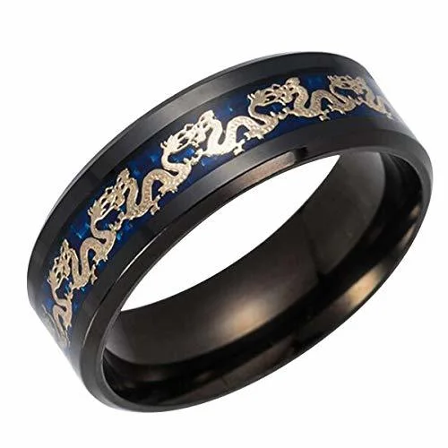 6MM 8MM Women's Or Men's Tungsten Carbide Wedding Matching Rings Black with Gold Celtic Dragon Over Blue Carbon Fiber inlay