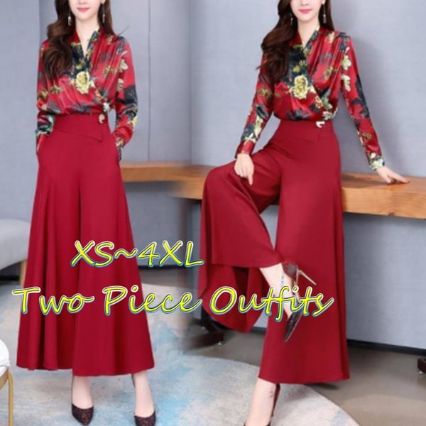 Elegant Two Piece Women Pants Sets Floral Print Wide Leg Pants Office Lady Palazzo Pants Women Two Piece Outfits Pants - Shop Trendy Women's Fashion | TeeYours