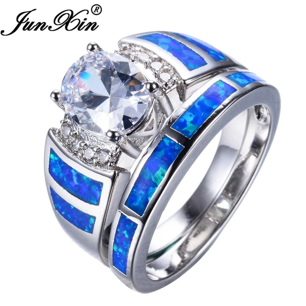 JUNXIN Mystic Blue Fire Opal Ring Sets For Women Men White Gold Filled Wedding Engagement  Rings For Couples Fashion Jewelry