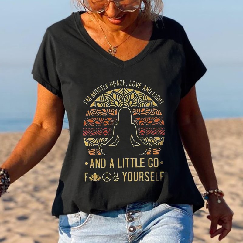 I'm Mostly Peace Love And Light Printed Meditating Woman Graphic Tees