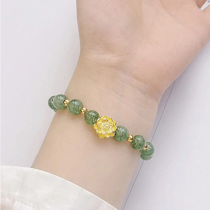 Lotus 925 Sterling Silver Green Strawberry Quartz Soothing Bracelet