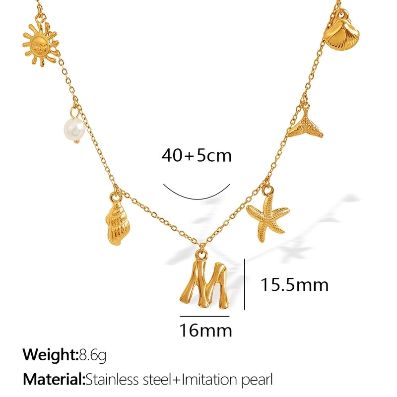Beach Starfish 304 Stainless Steel Artificial Pearls 18K Gold Plated Polishing Inlay Pendant Necklace