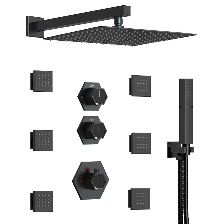 EVERSTEIN 12-Inch Rain Thermostatic Shower System with Body Jets Matte Black