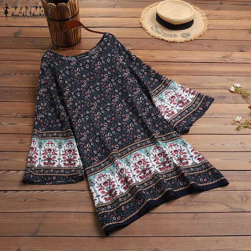 ZANZEA Women Summer Long Sleeve Floral Printed Dress Bohemian Holiday Short Vestidos Oversized Casual Beach Party Mini Dress