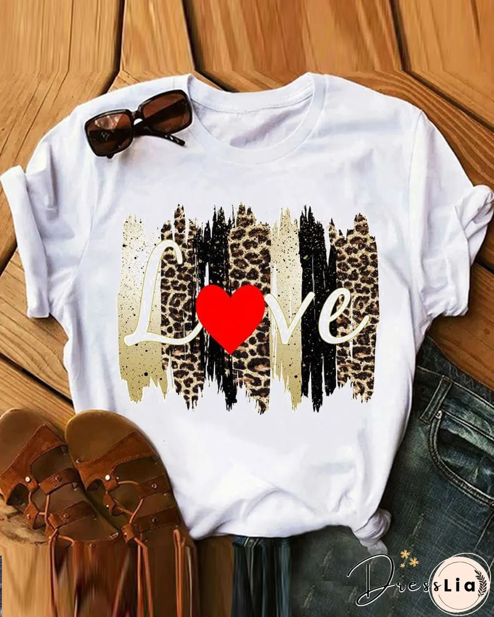 Leopard Letter&Heart Print Short Sleeve T-shirt