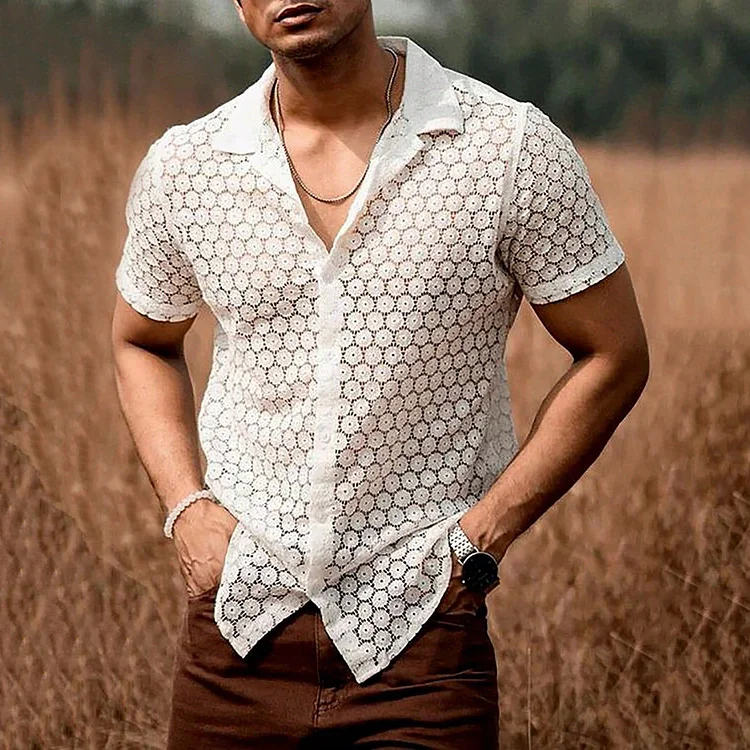 Men's Solid Color Lapel Collar Lace Short Sleeve Shirt