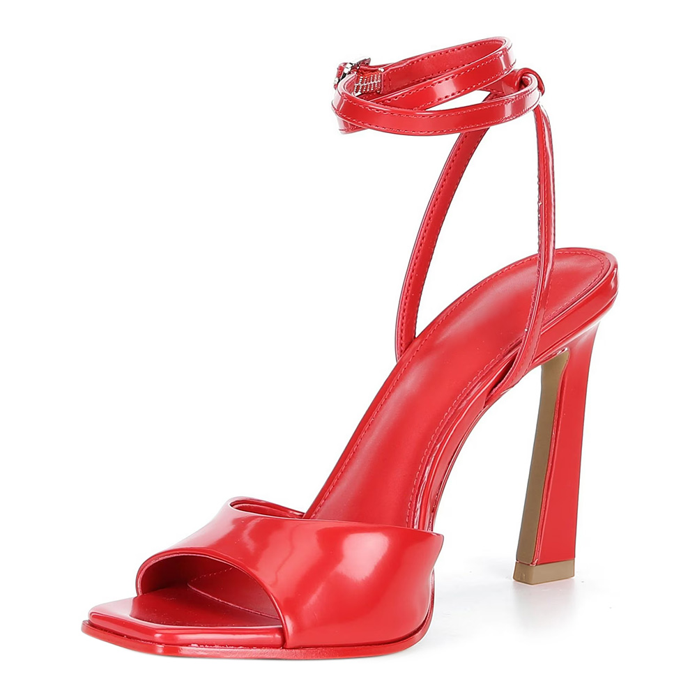 Open Square Toe Chunky Heel Buckle Ankle Strap Sandals in Red Nicepairs