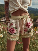 Women's Patchwork Rose Floral Contrast Drawstring Shorts - Image 6