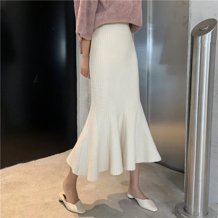 Winter Spring Knitted Mermaid Sweater Skirt Elastic High Waist Women Midi Skirt Solid Ruffle Party Skirts Female