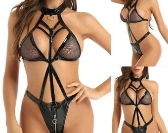 pornhint Pornhint Women's Sexy PU Leather Wetlook Bodysuit Crotchless Lingerie Babydoll Nightwear