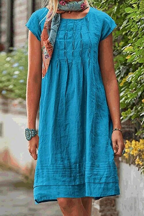 Solid U Neck Short Sleeve Ruched Dress
