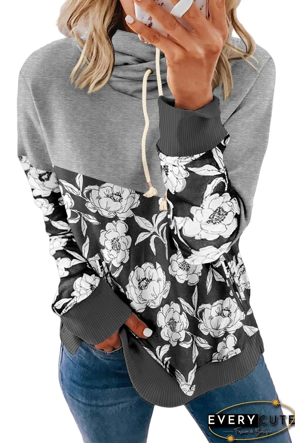 Black Floral Splicing Cowl Neck Hoodie