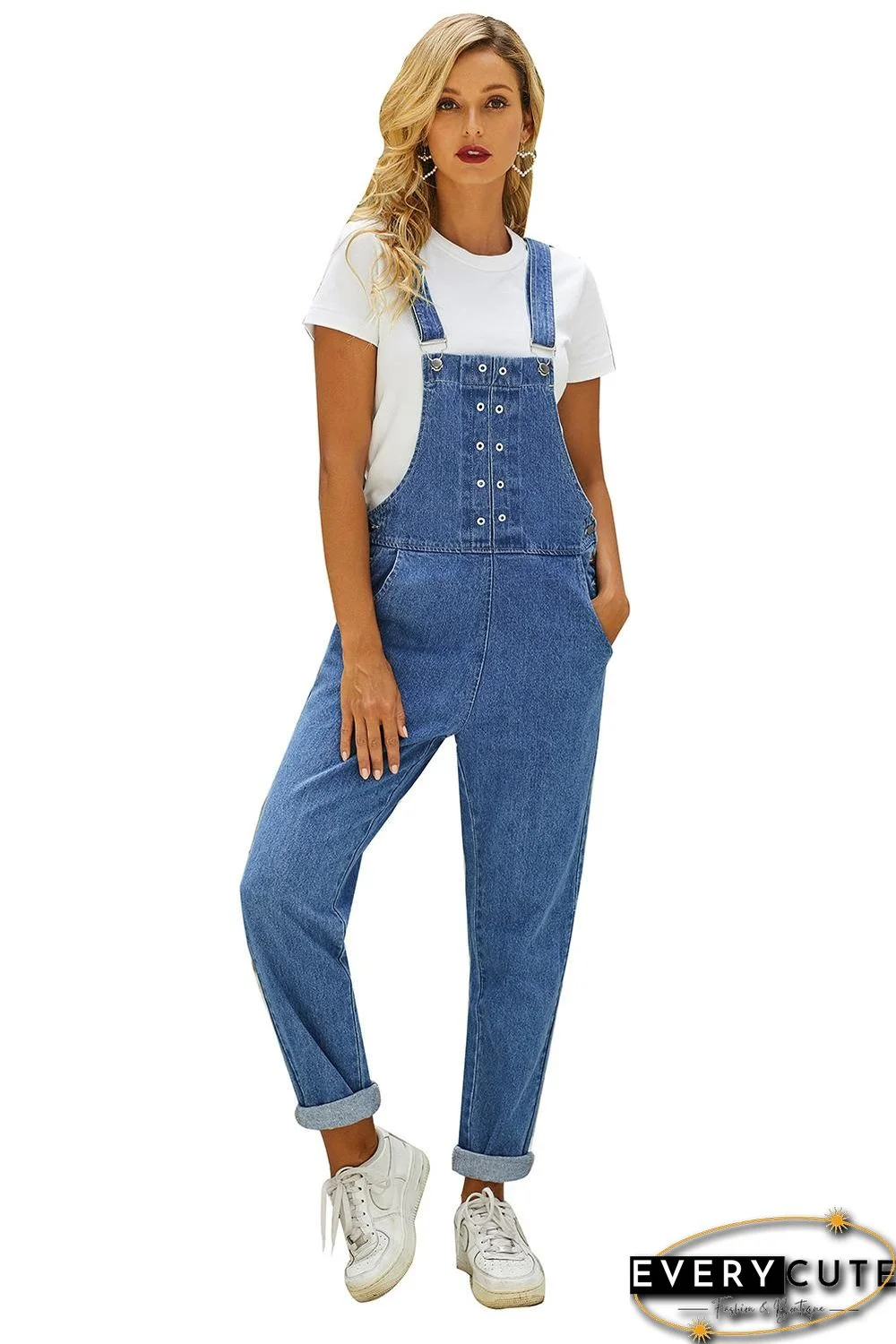 Grommet Detail Light Blue Denim Overall