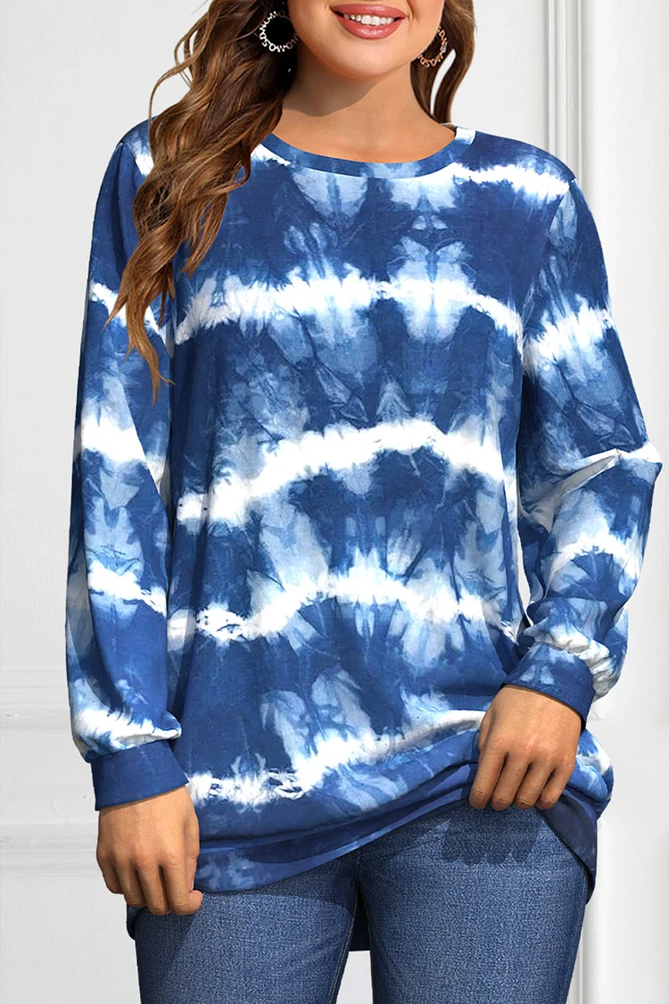 Flycurvy Plus Size Casual Blue Tie Dye Print Long Sleeve Sweatshirt  Flycurvy [product_label]