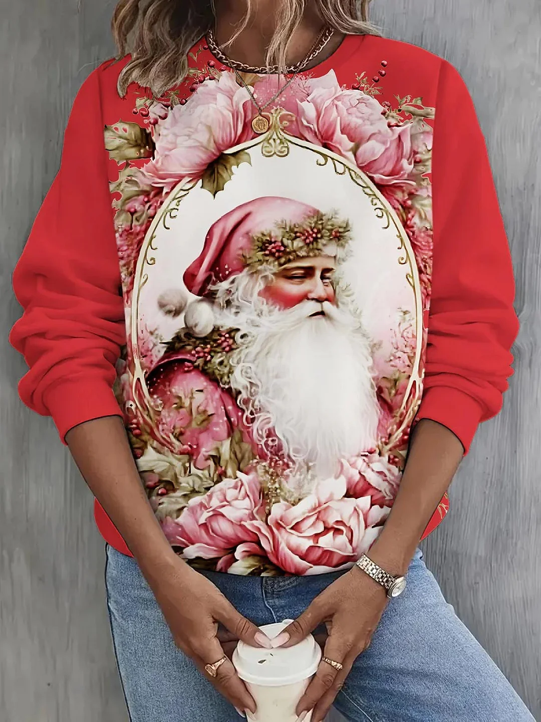Women Long Sleeve Scoop Neck Santa Claus Floral Printed Christmas Tops