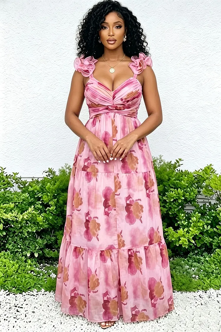 Ruffle Trim Strap V Neck A-Line Floral Maxi Dresses-Multicolor [Pre Order]