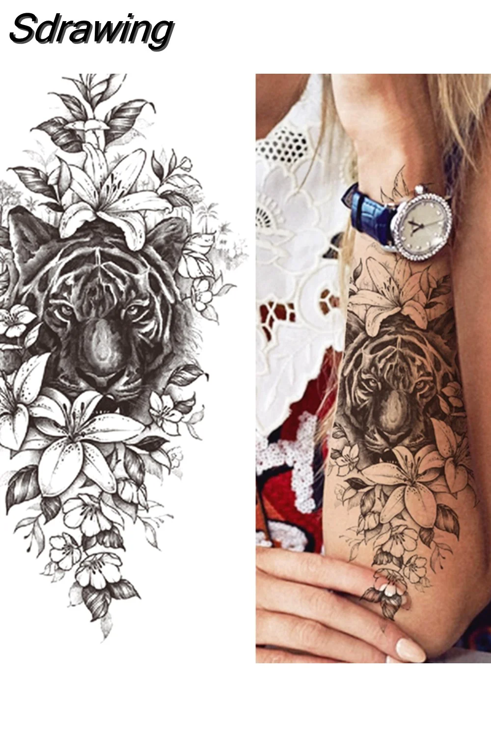 Sdrawing Forest Tattoo Sticker For Men Women Children Tiger Wolf Death Skull Temporary Tattoo Fake Henna Skeleton King Animal Tatoo 430-0
