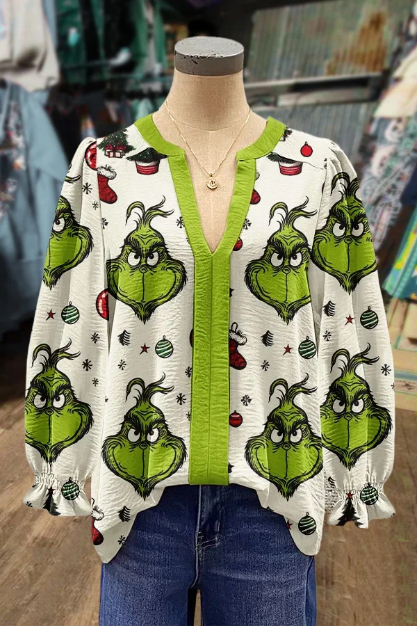 Christmas Grich Print V-Neck Top
