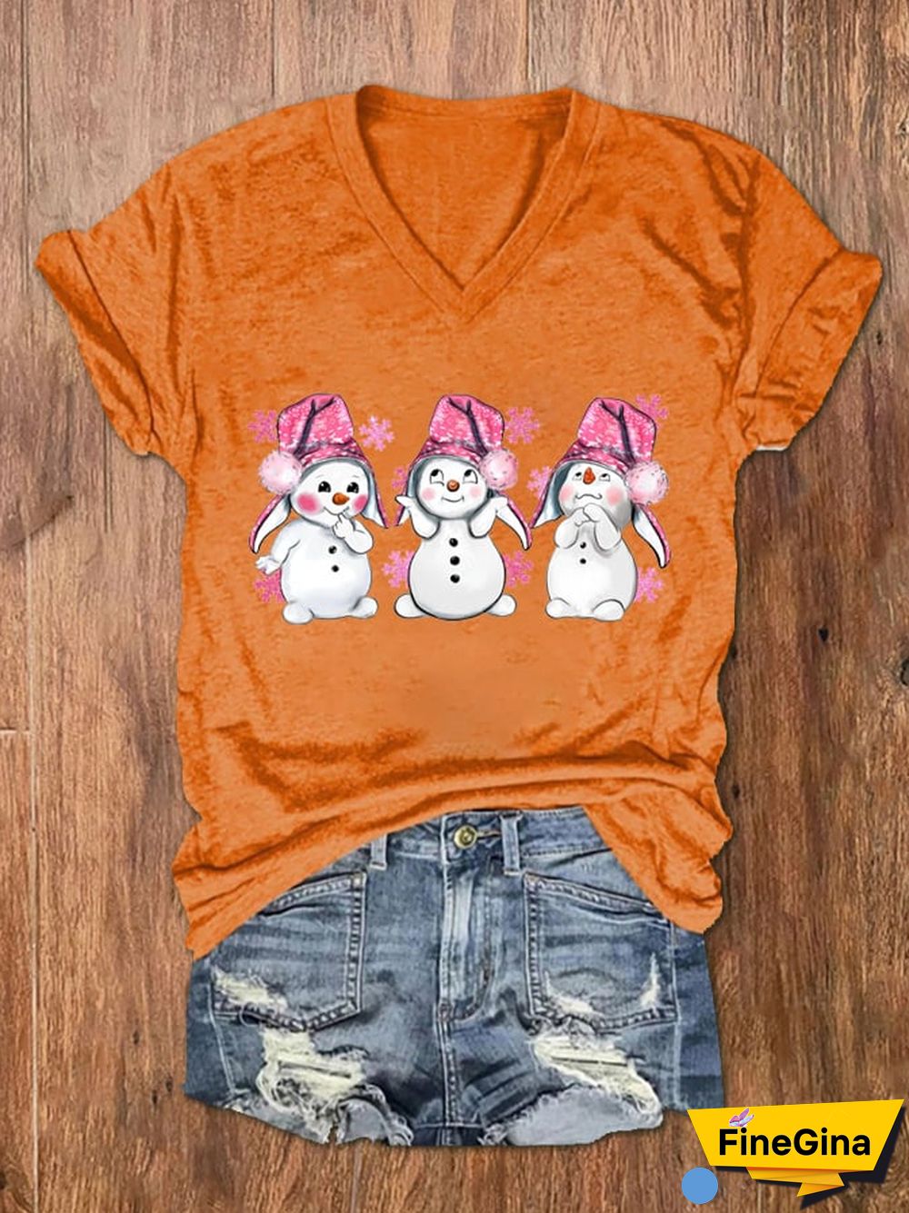Women's Pink Christmas Snowman Print V-Neck T-Shirt