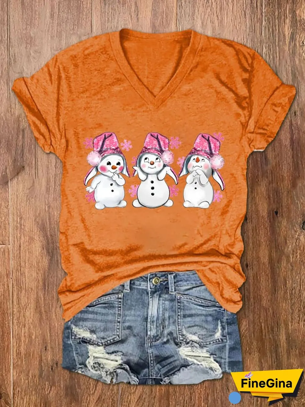 Women's Pink Christmas Snowman Print V-Neck T-Shirt
