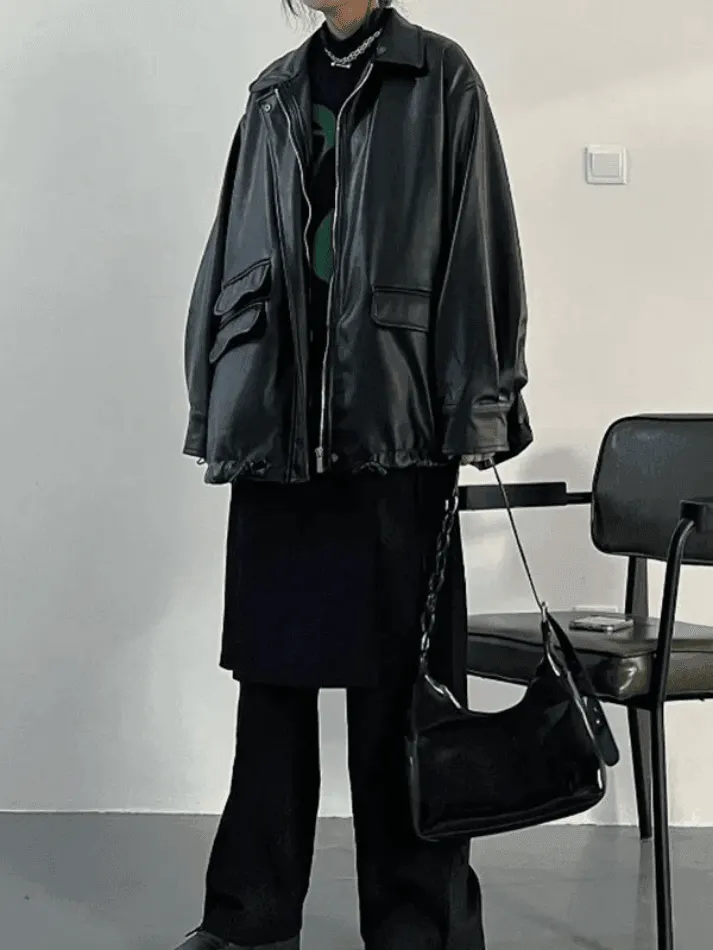 Brownm Oversized Black Faux Leather Jacket