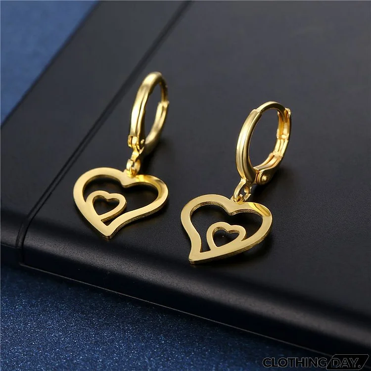 Women Fashion Hollow Heart-Shaped Stainless Steel Hoop Earrings