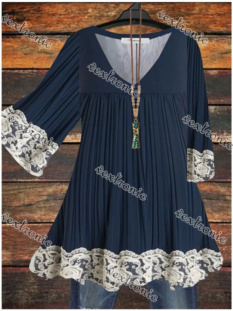 Women V-neck Half Sleeve Lace Stitching Tops