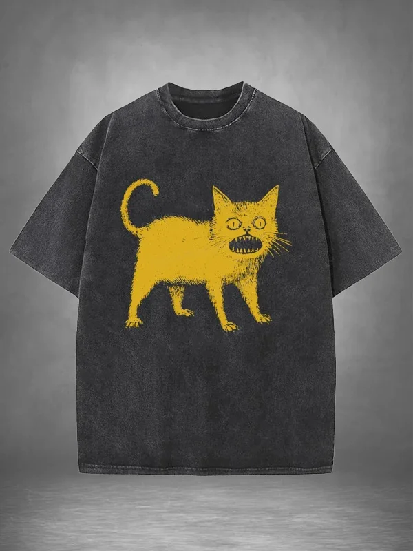 Men's Frightened Cat Print Casual Washed T-Shirt