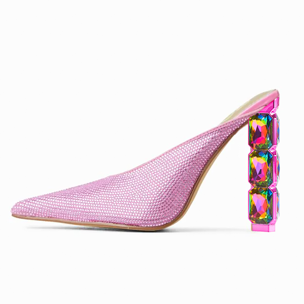 Pink Rhinestone Pointed Toe 4'' Decorative Heel Mules Nicepairs