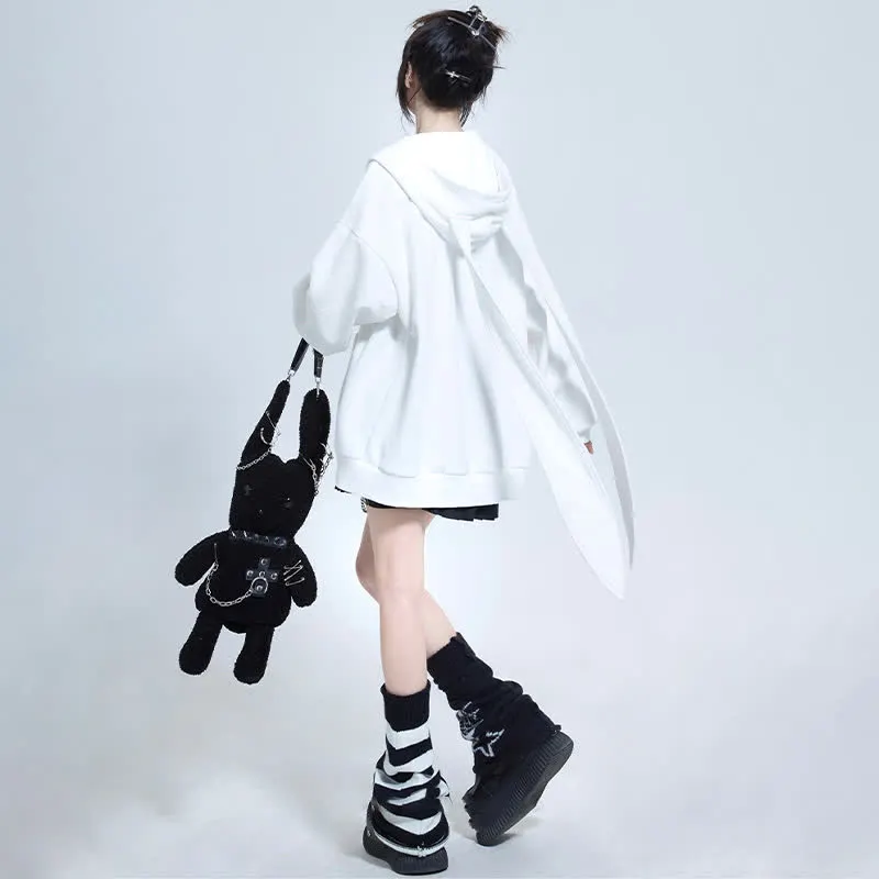 Long Bunny Ears Pocket Oversize Zipper Hooded Sweatshirt