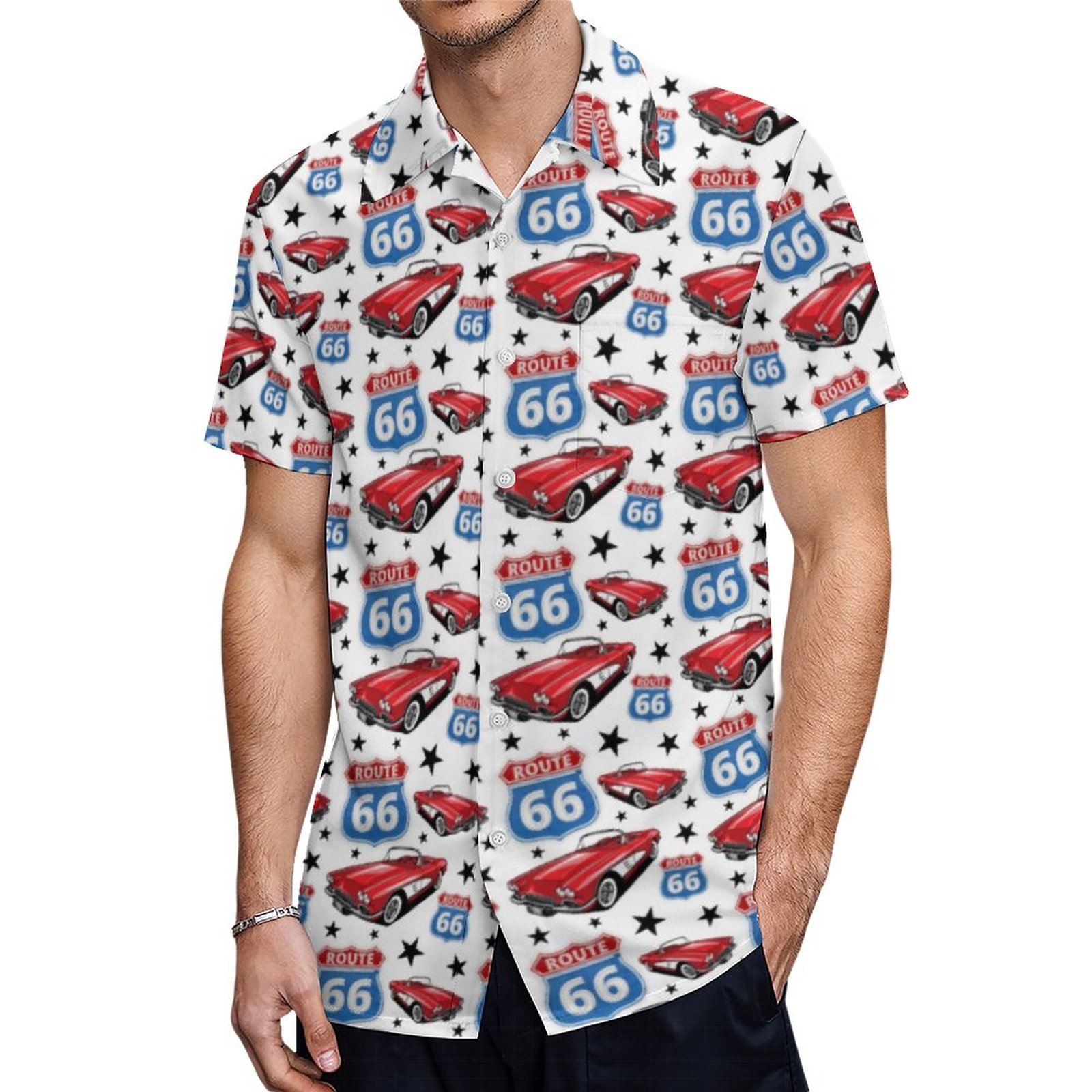 1961 C1 Red Classic Sports Car Retro Route 66 Sign Hawaiian Shirt Mens Button Down Tropical Hawaii Beach Shirts