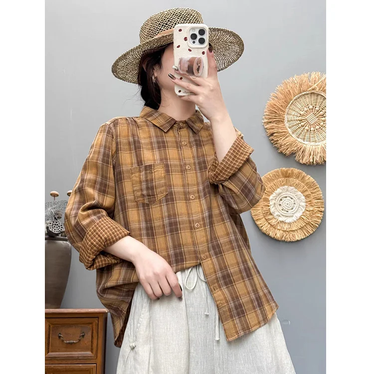 Athvotar Athvotar Spring And Autumn New Art Retro Long-Sleeved Shirt Women Loose Leisure Shirt Shirt Double Cotton Yarn Plaid