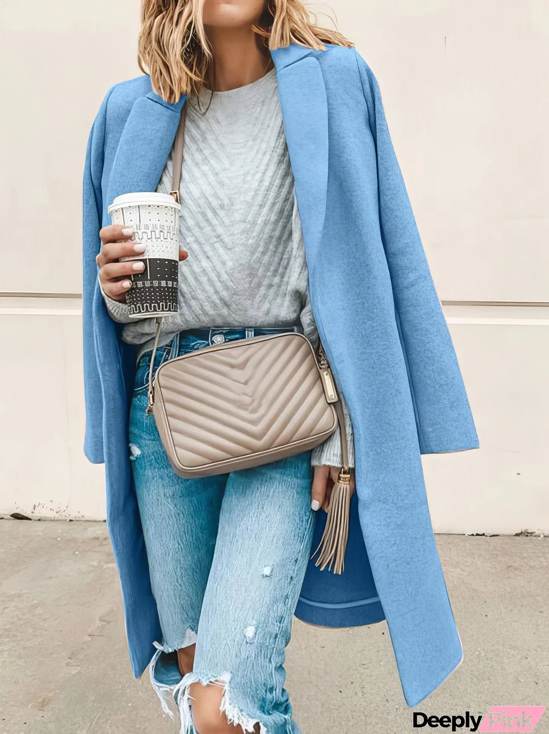 Solid Lapel Long Sleeve Woolen Coat