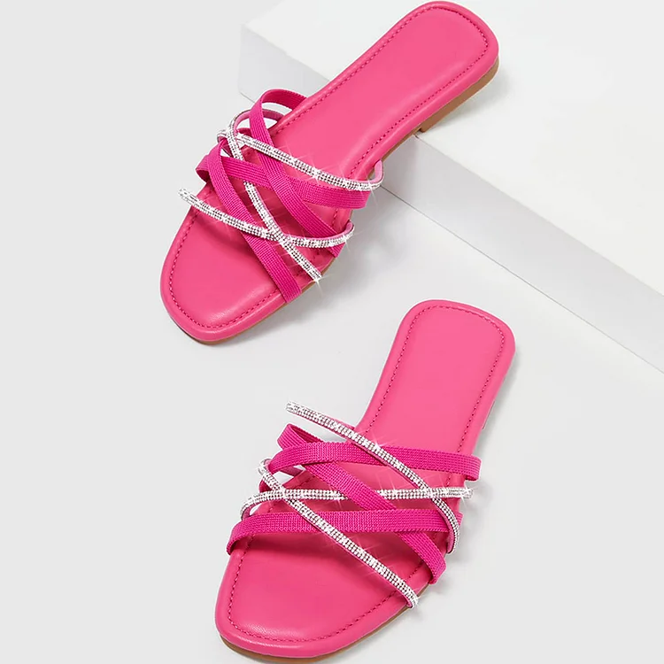Fuchsia Square Toe Sandal Women'S Elegant Flat Shoes Summer Rhinestone Mules |FSJ Shoes