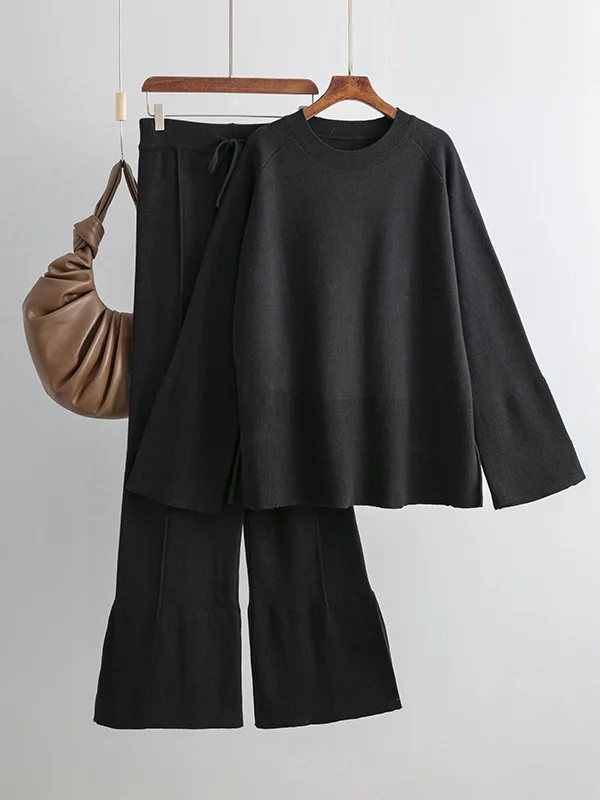 Casual Long Sleeves Loose Solid Color Round-Neck Sweater Tops & Wide Leg Pants Two Pieces Set