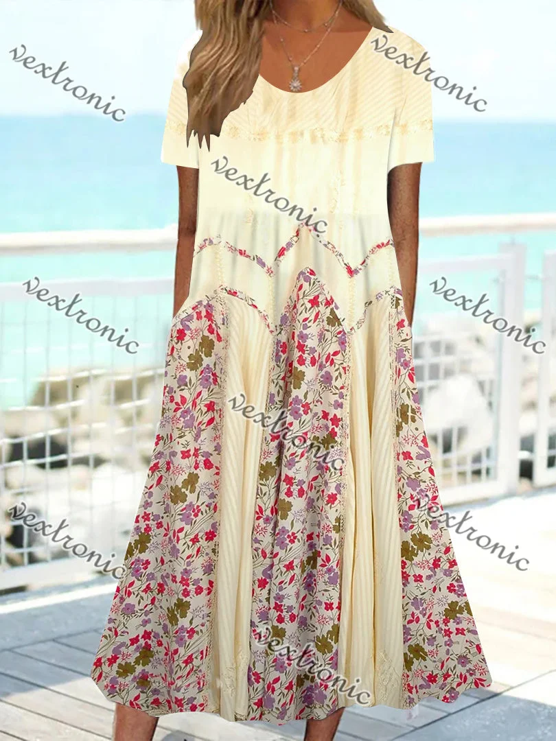 Women Short Sleeve Scoop Neck Floral Printed Stitching Maxi Dress