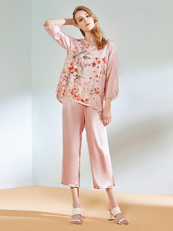 22 Momme Flower Printed Franch Design Silk Pajamas Set-Real Silk Life