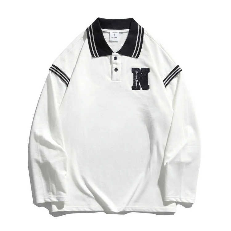 Men's T Shirt Summer Casual Tops Letter Embroidered Long Sleeve T-shirt Men's Color Stitching Turnover Neck Pullover Boyfriend Harajuku Style Trendy