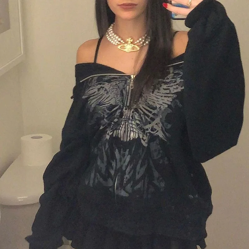 Christmas Gift Y2K Gothic Butterfly Print Oversize Zip Up Hoodies 2021 Winter New Grunge Long Sleeve Sweatshirt Casual Hooded Jacket Streetwear