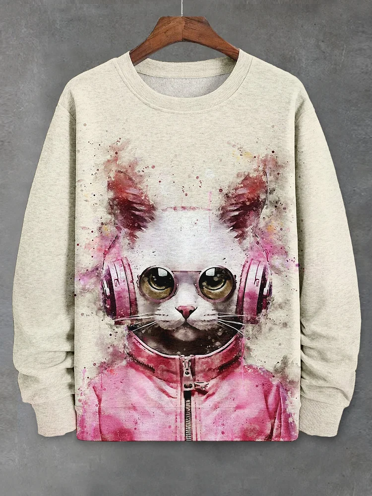 Men's Cat Loves Music Cartoon Art Print Casual Sweatshirt