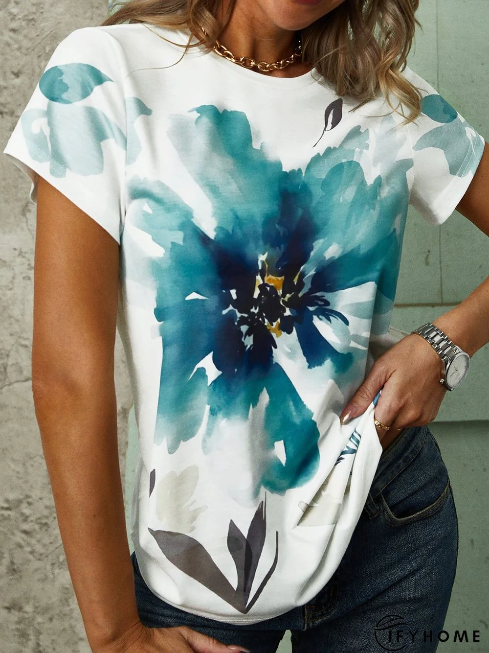 Crew Neck Floral Short Sleeve T-Shirt | IFYHOME