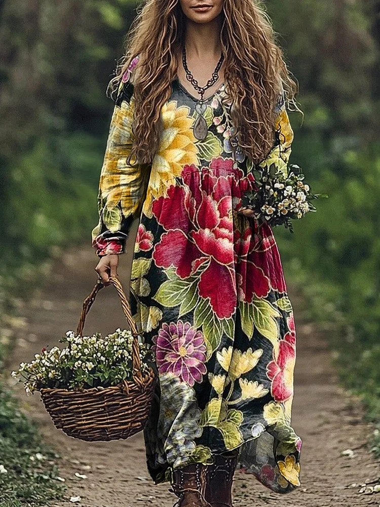 Women's Vintage Flower Print Pocket Cotton Dress