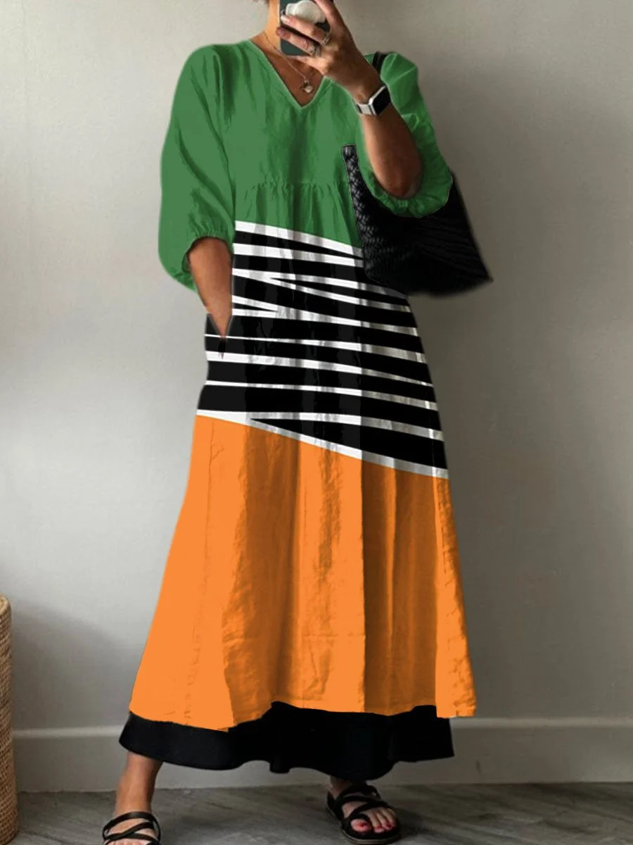 Women's  Minimalist Retro Print Pocket V-neck Cotton Dress