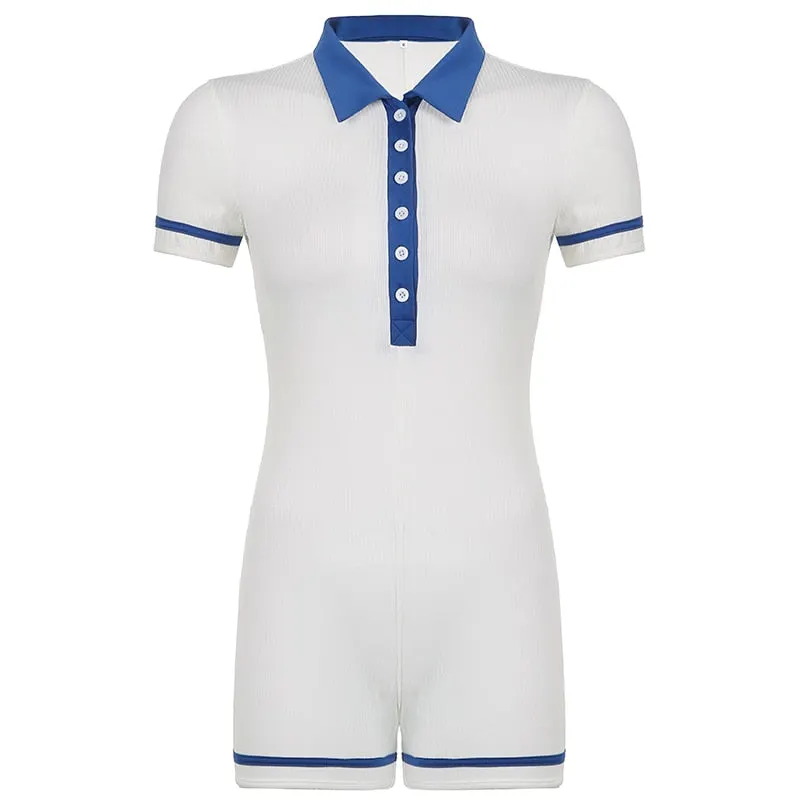 Rapcopter Solid Playsuits Single-Breasted Short Sleeve Bodysuits Vintage Biker Overalls Women Turn Down Collar Jumpsuits Rompers