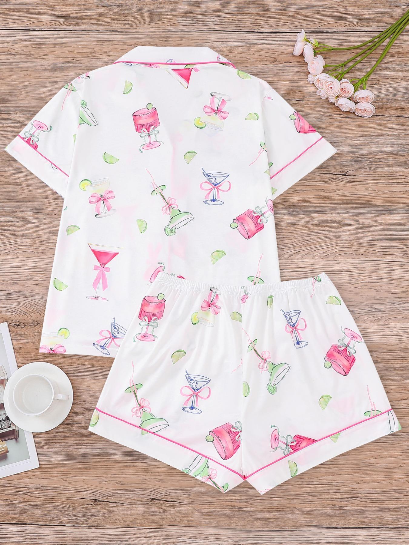 Women's All-Over Cocktail Print Button Front Shirt & Elastic Waist Shorts Pyjama, Casual Comfy Pjs Short Sleeve Top & Shorts Pajamas Set, Ladies Sleepwear for All Seasons, Loungewear, Casual Pajamas Outfit