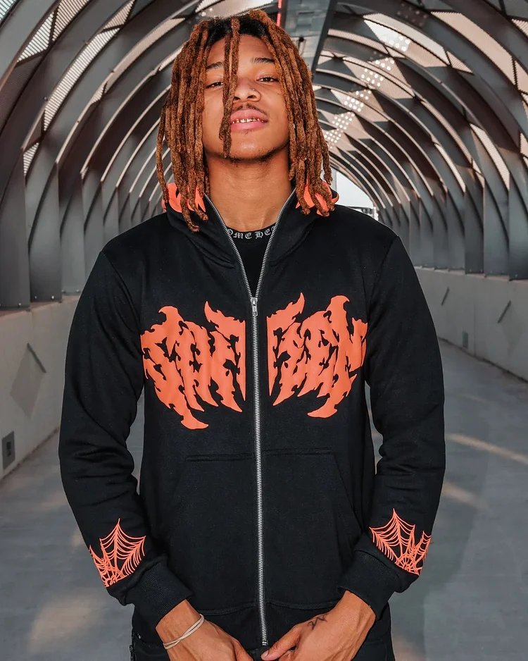 Street Hip Hop Letter Print Full Zip Up Hoodie at Hiphopee