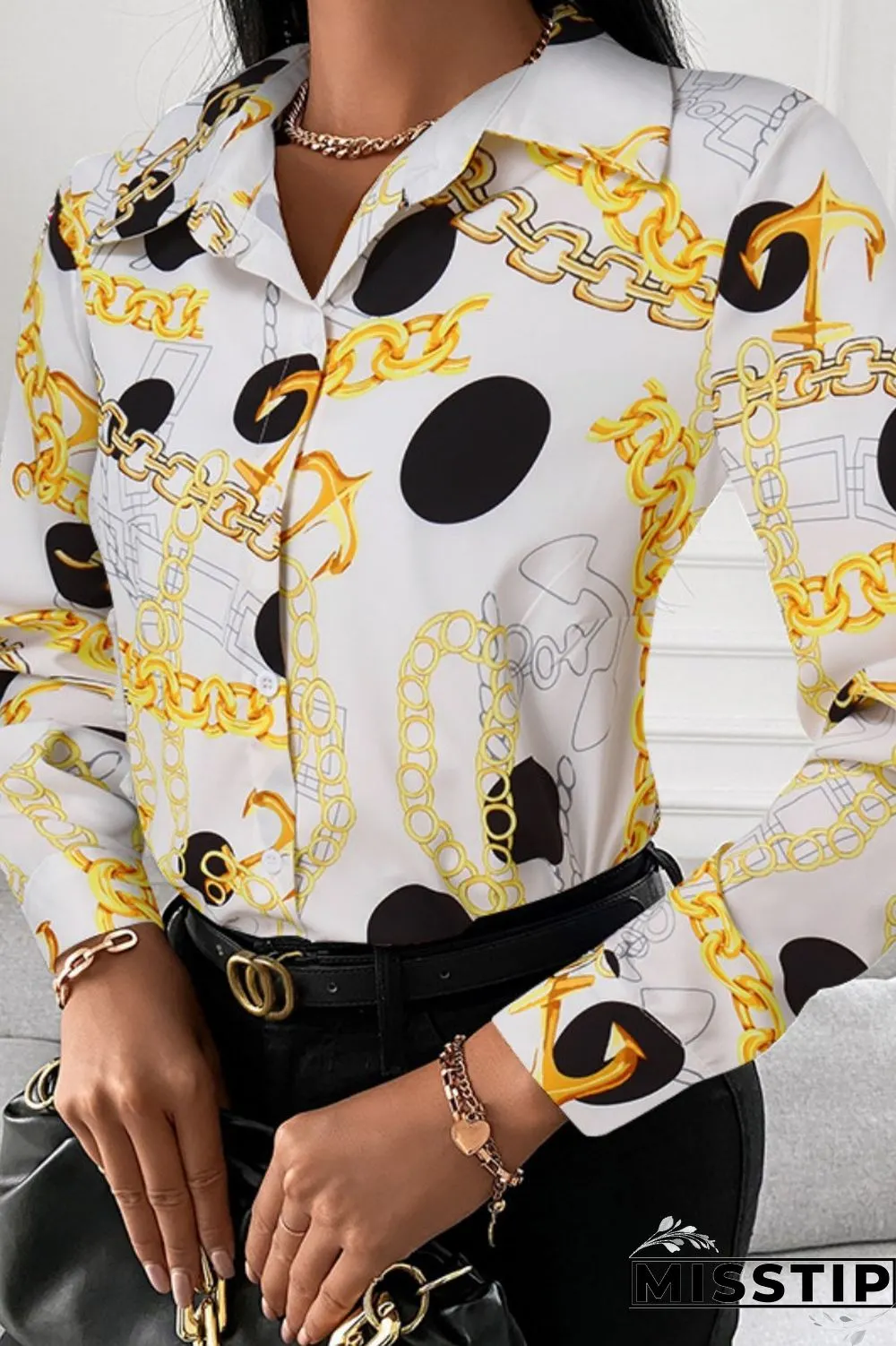 Black Red Casual Print Patchwork Shirt Collar Tops